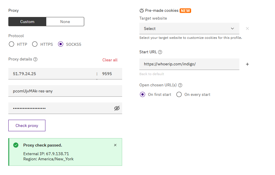 Indigo Browser shows a green Proxy check passed banner with the external IP and region after the proxy test.