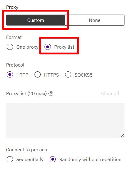 Indigo X quick profile dialog with Proxy List selected and the Sequential or Random order switch