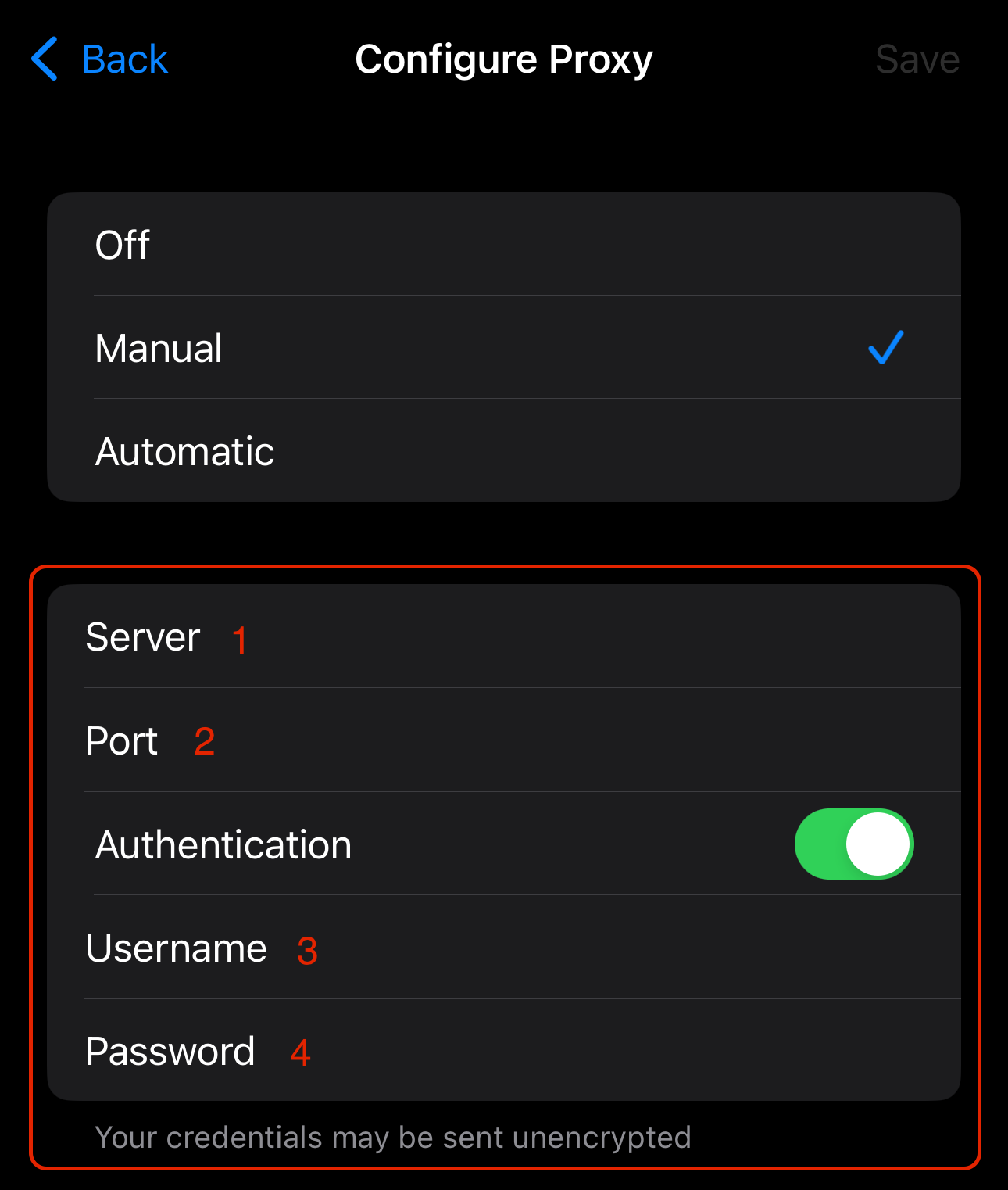 iPhone Configure Proxy screen with Manual selected and the Server, Port, Authentication, Username and Password rows.