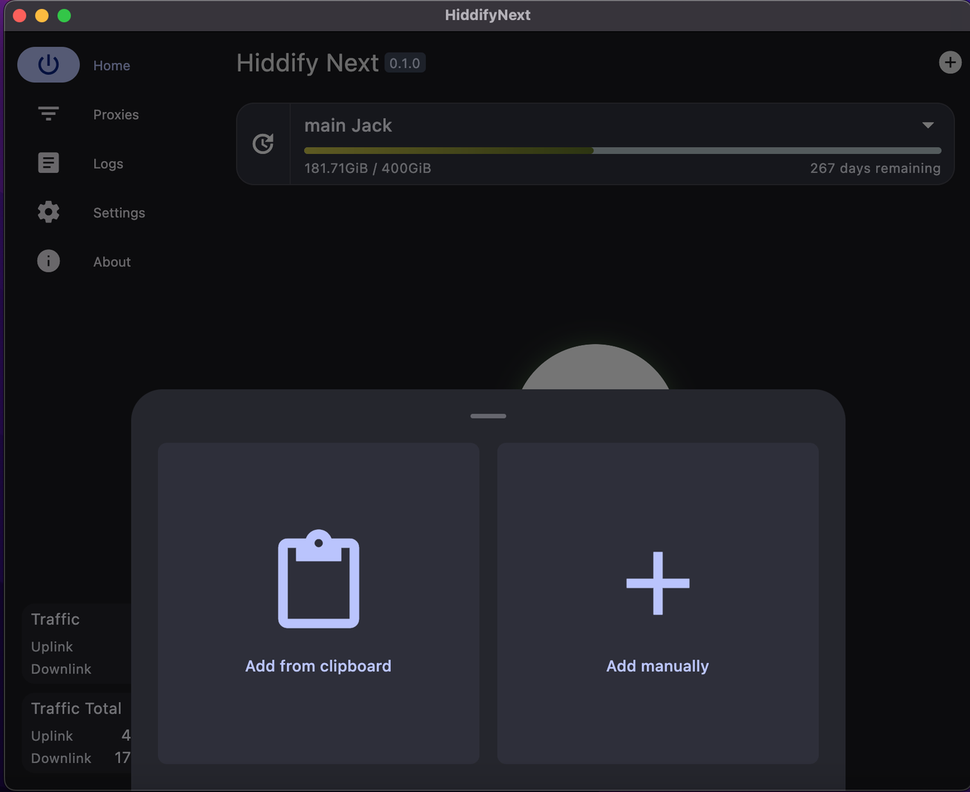 Hiddify app with the add profile sheet open, offering Add from clipboard and Add manually.