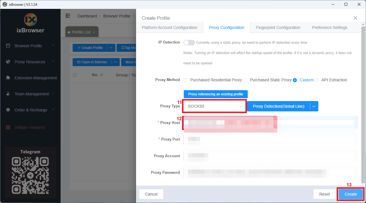 Вкладка Proxy Configuration в ixBrowser: выбран SOCKS5, заполнены хост, порт, логин и пароль, рядом с типом прокси кнопка Proxy Detection Global Line.