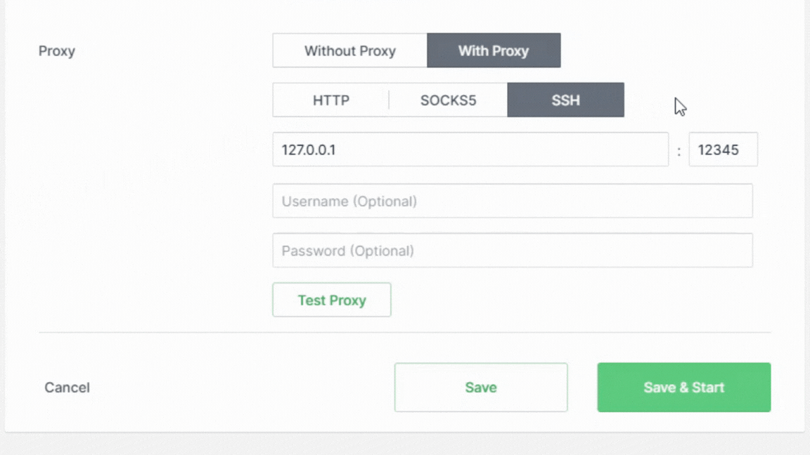 Kameleo New Profile form, Proxy row set to With Proxy with the HTTP, SOCKS5 and SSH type buttons and the host, port, username and password fields below.