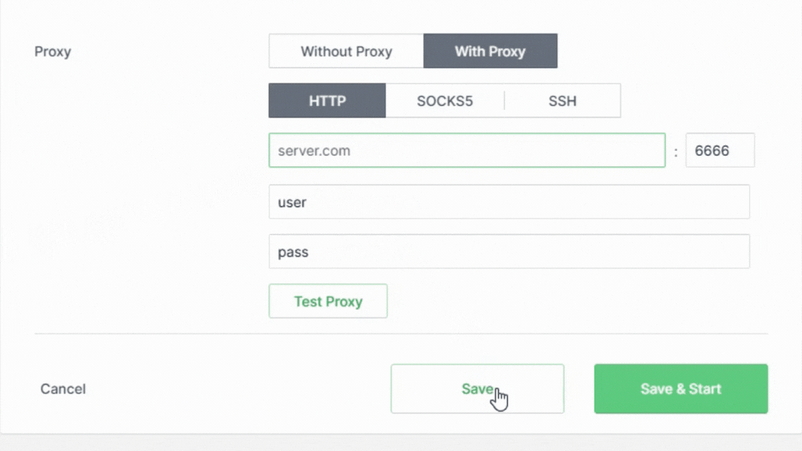 Kameleo proxy block after pasting a connection string into the host field: the host, port, username and password fields are filled automatically.