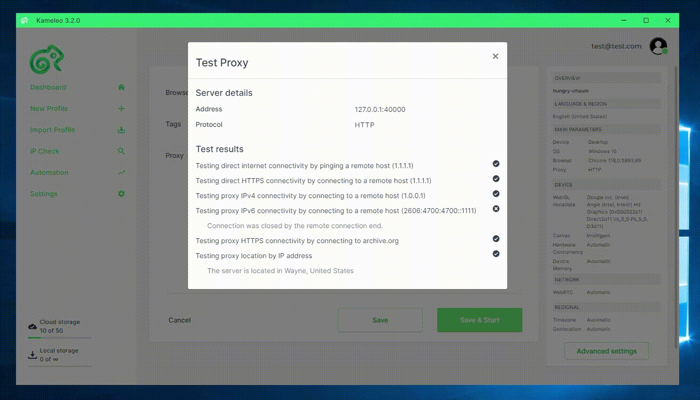 Kameleo 3.2.0 Test Proxy dialog listing the server details and the step by step test results with the detected proxy location at the bottom.