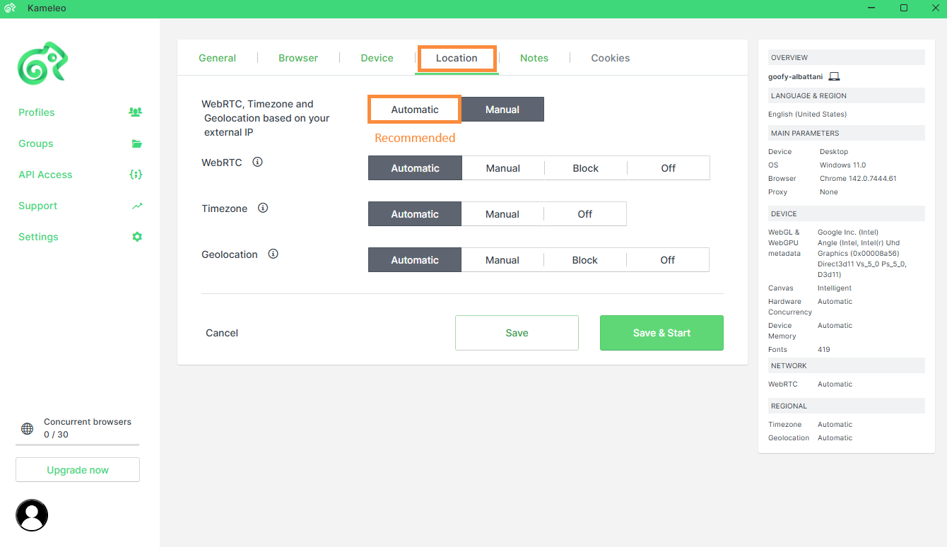 Kameleo Advanced settings on the Location tab with WebRTC, Timezone and Geolocation all set to Automatic, marked as recommended.