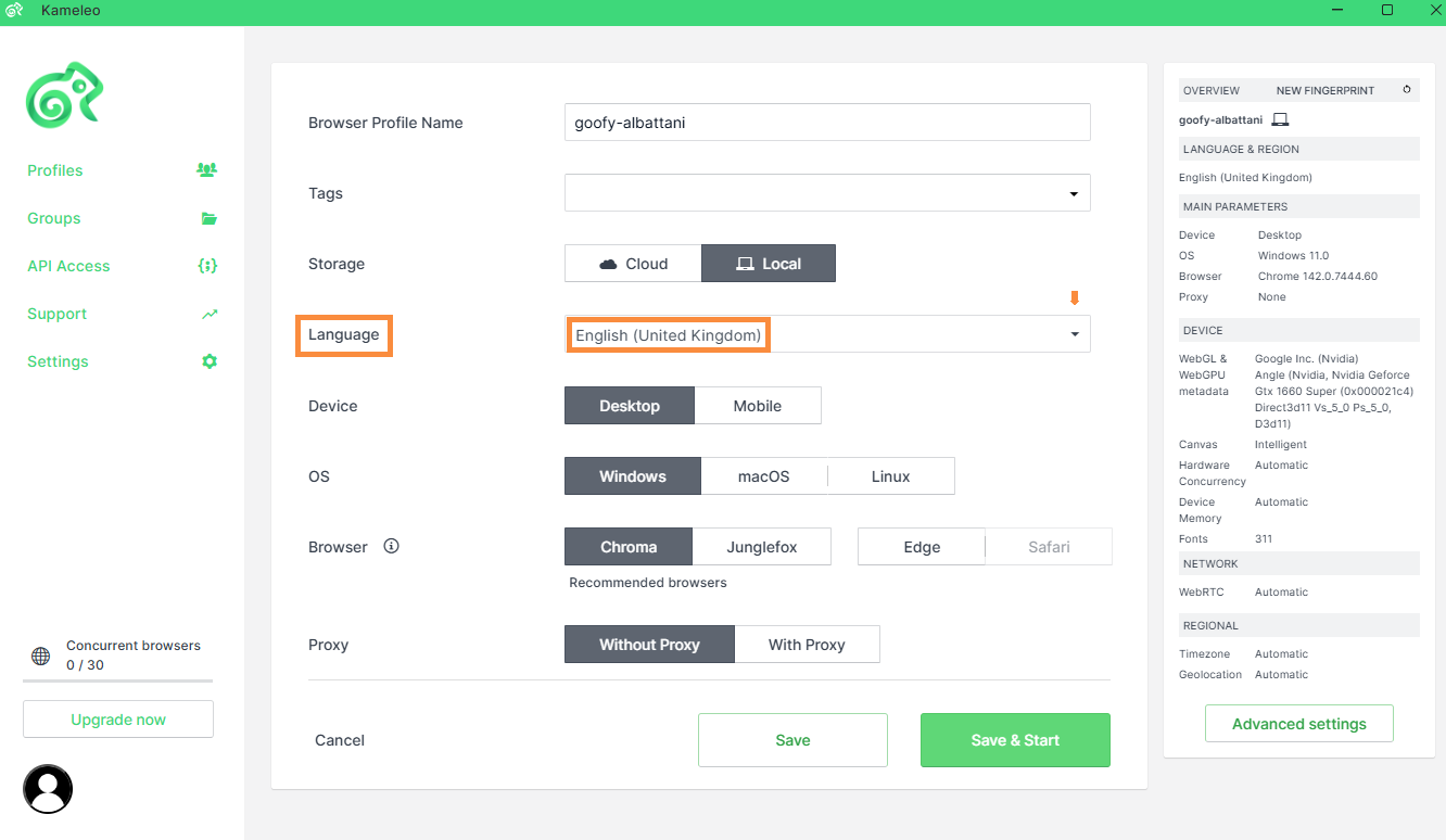 Kameleo profile form with the Language field highlighted and the sidebar summary showing Timezone and Geolocation on Automatic.
