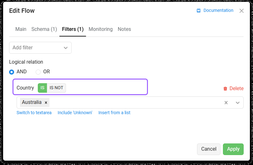 Keitaro Edit Flow dialog, Filters tab with the Add filter picker and a Country filter row set to IS NOT Australia