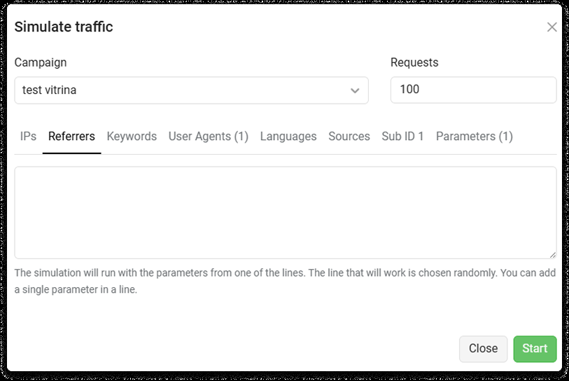 Keitaro Traffic simulation dialog with the campaign selector, queries count and the data fields used by flow filters