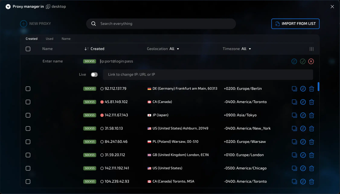 Окно Proxy manager в Linken Sphere: добавляется новая строка прокси, ниже список сохранённых SOCKS5 прокси с геолокацией и часовым поясом.