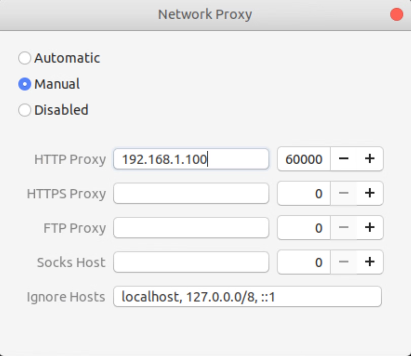 Окно Network Proxy в GNOME в режиме Manual: заполнены адрес и порт HTTP прокси, ниже список Ignore Hosts.