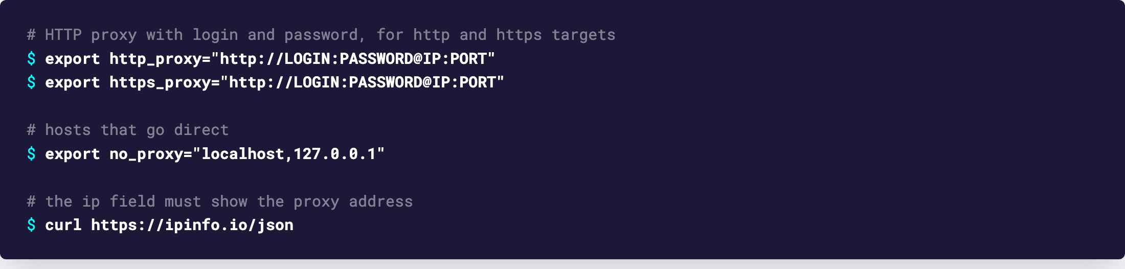 Терминал с экспортом http_proxy и https_proxy и вызовом curl к ipinfo.io/json