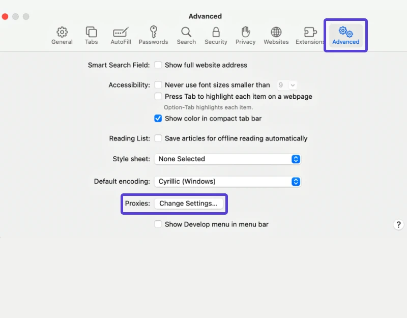 Дополнительные настройки Safari, выделены строка Proxies и кнопка Change Settings.