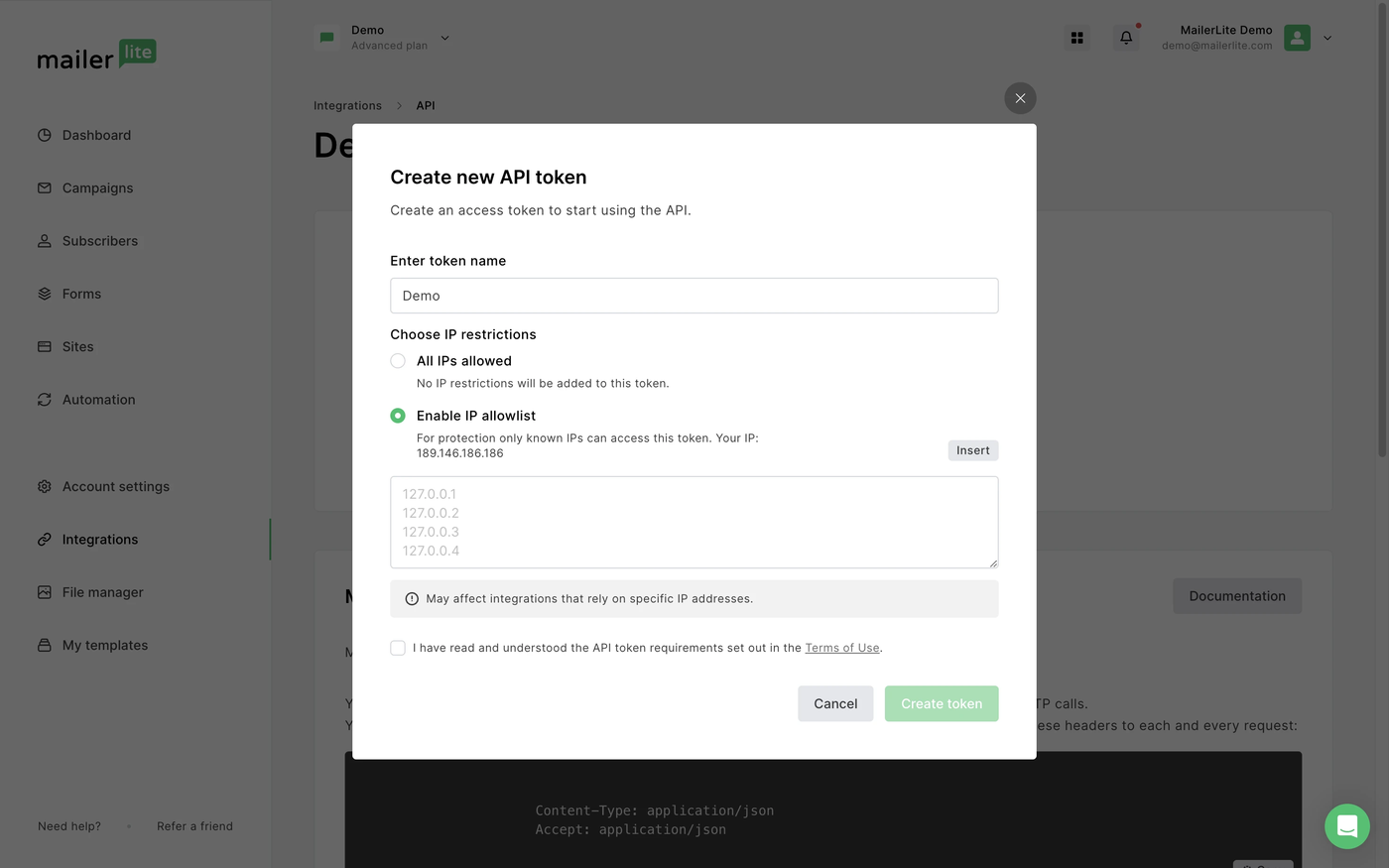 MailerLite create token dialog with the token name field and the IP Allowlist option for restricting the token to trusted IPs