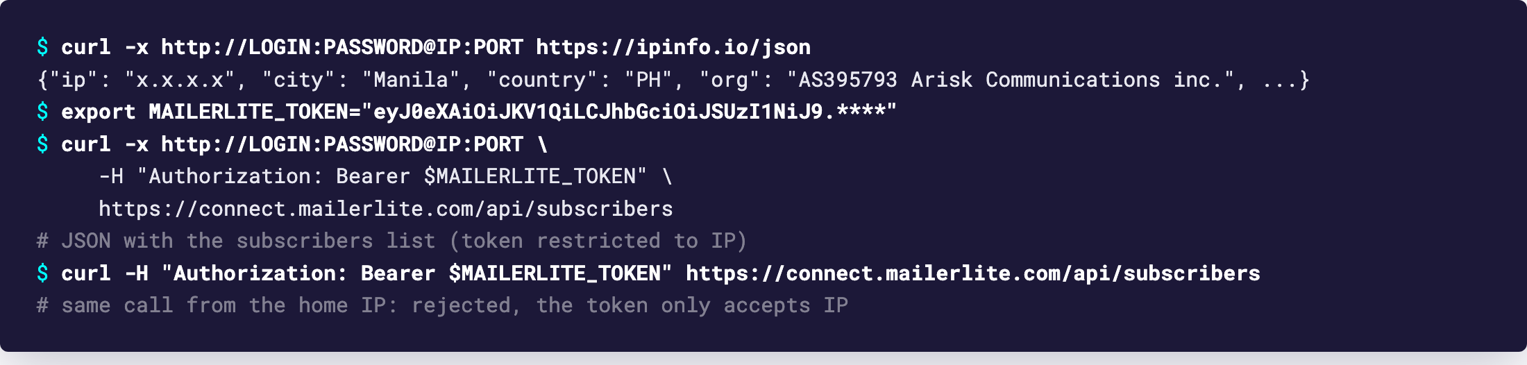 Terminal: curl through the proxy shows the proxy IP, then the subscribers endpoint answers with JSON