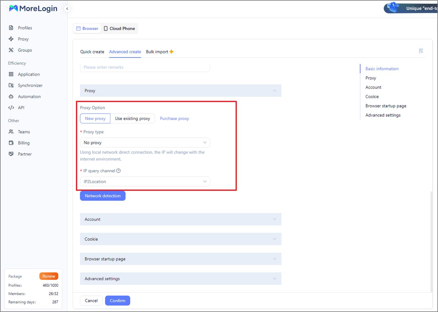 MoreLogin Advanced create form with the Proxy section open, New proxy selected and the Proxy type dropdown ready to be changed from No proxy.