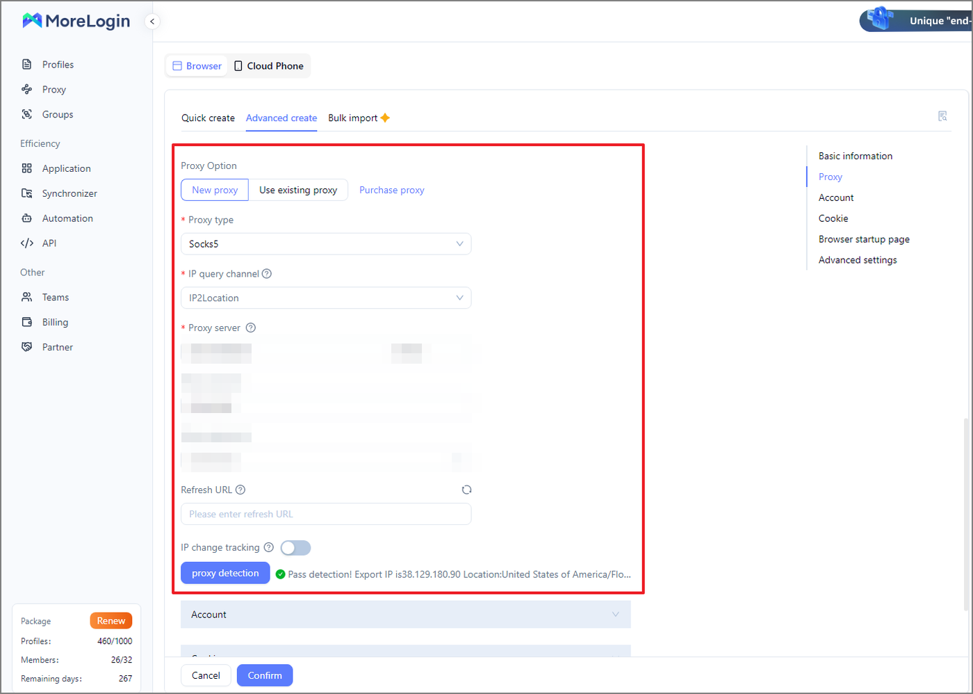 MoreLogin proxy section filled with host, port, account and password and the green Pass detection line with the exit IP and location after the check.
