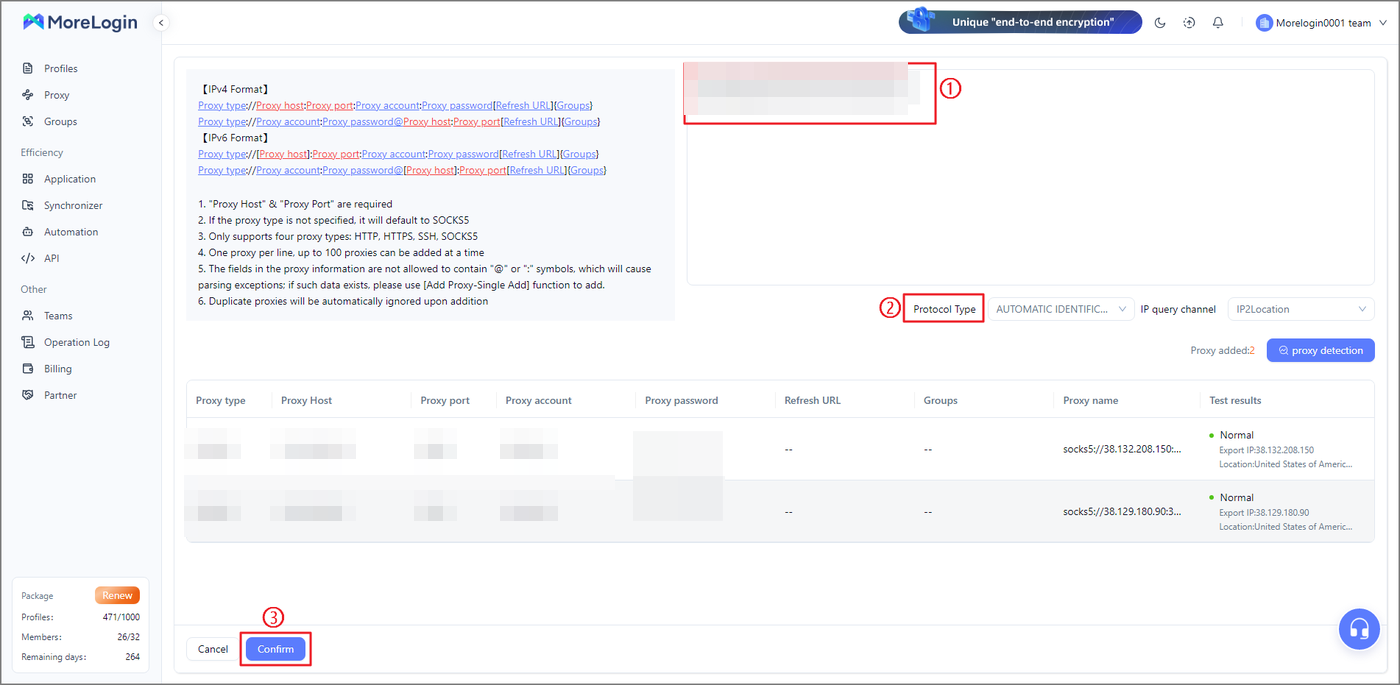 MoreLogin batch add page with the format rules, pasted proxy lines, the Protocol Type dropdown and the parsed table where Test results show Normal.