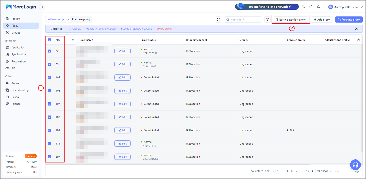 MoreLogin Proxy page with several proxies selected, the batch detection proxy button highlighted and the Proxy status and IP query channel columns visible.