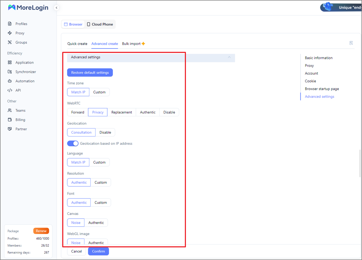 MoreLogin Advanced settings with Time zone and Language on Match IP, Geolocation on Consultation with IP based geolocation enabled and the WebRTC mode selector.