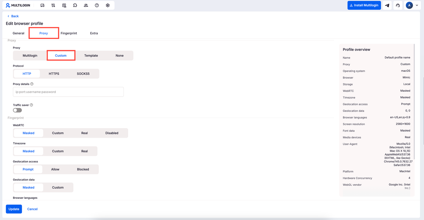 Multilogin X browser profile form with the Proxy tab open, Custom selected and the HTTP, HTTPS and SOCKS5 protocol switch above the proxy details field.