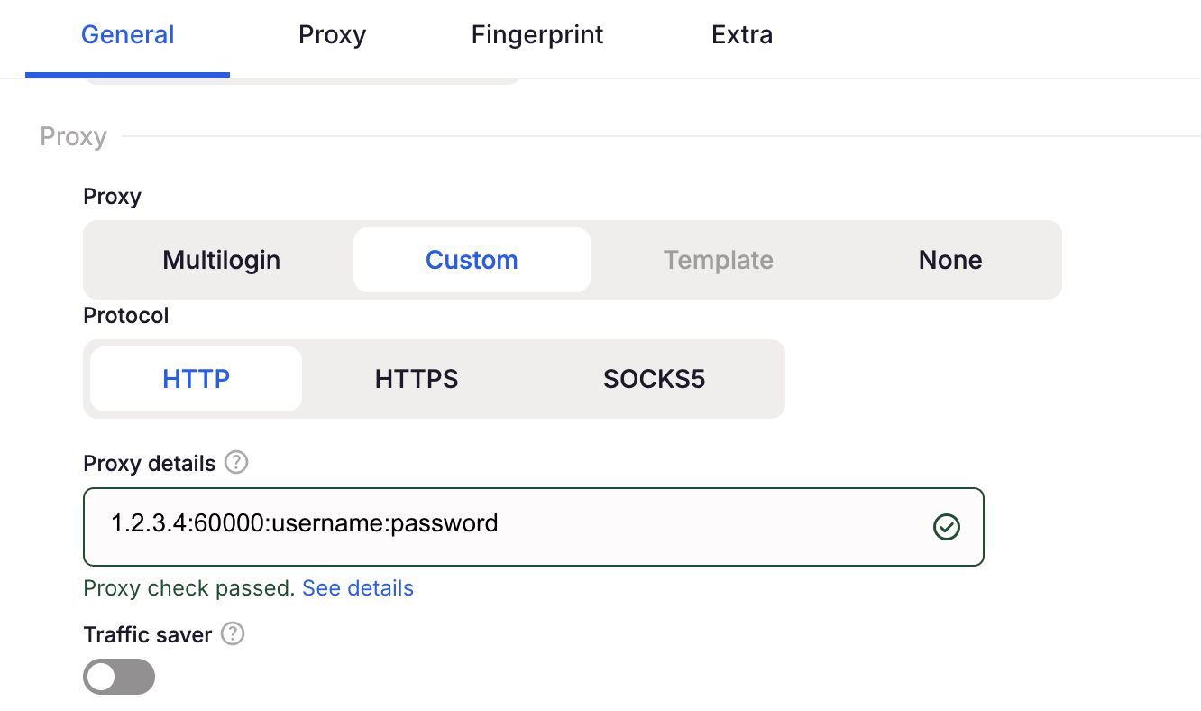 Multilogin X proxy section with a proxy string pasted into the Proxy details field, a green proxy check passed message and the Traffic saver toggle below.