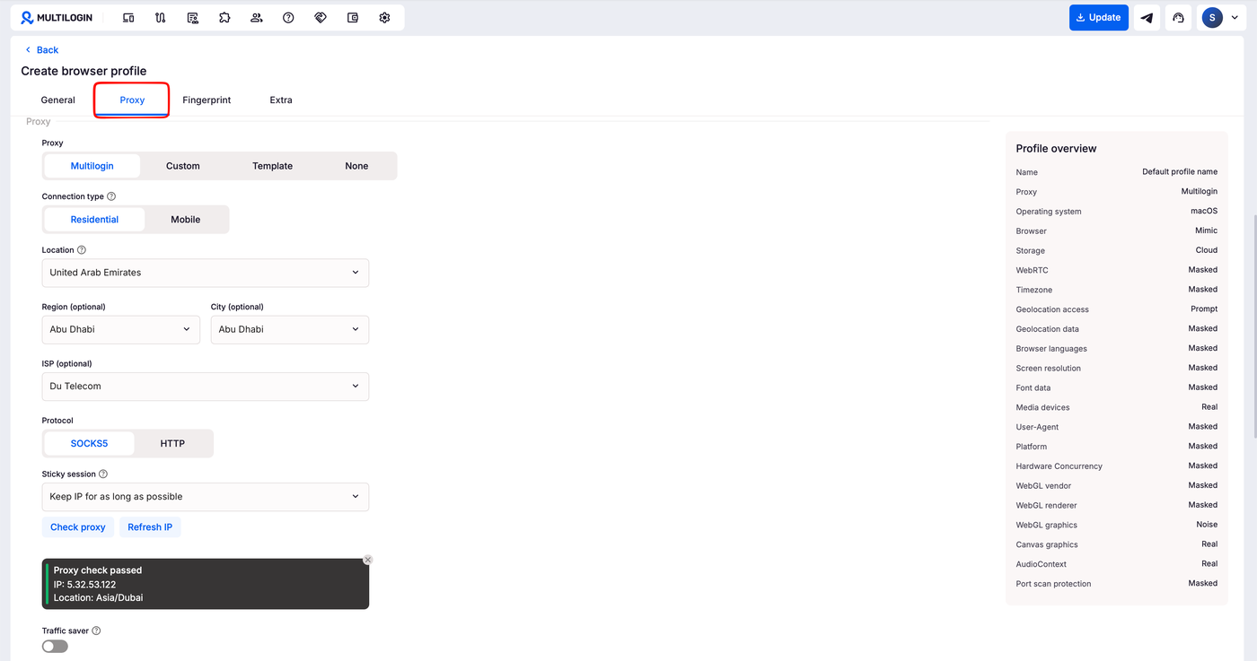 Multilogin X profile form after Check proxy, showing the result box with Proxy check passed, the exit IP and the detected location.