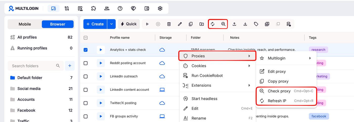 Multilogin X profile list with the right click menu open on a profile and the Proxies submenu showing Edit proxy, Copy proxy, Check proxy and Refresh IP.