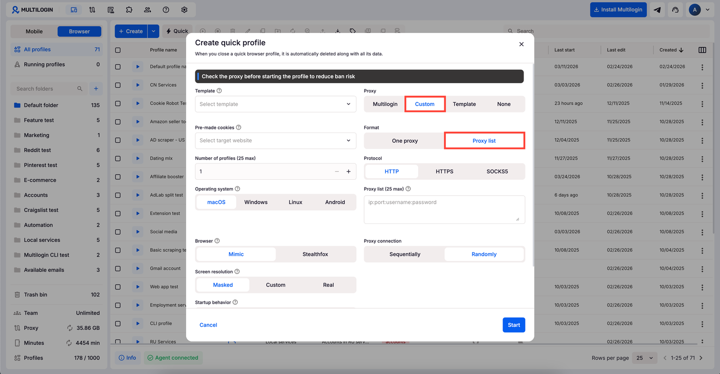 Multilogin X Create quick profile dialog with Custom proxy, Proxy list format, the protocol switch and the Sequentially or Randomly connection choice.