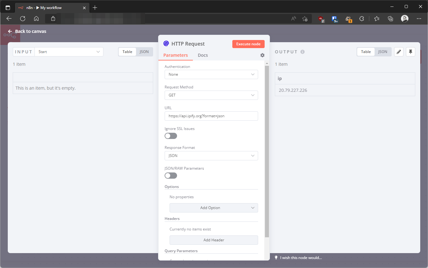 Узел HTTP Request в n8n обращается к API проверки IP, в панели вывода показан полученный IP адрес.