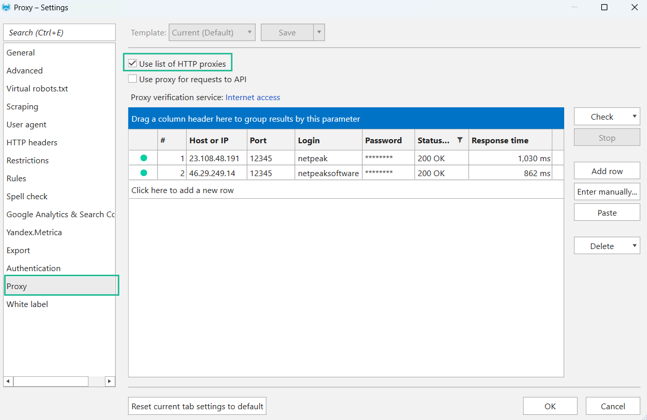 Netpeak Spider settings, Proxy tab with the Use a list of HTTP proxies checkbox ticked and the empty proxy grid
