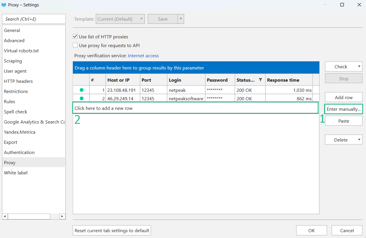 Netpeak Spider Enter manually window for pasting proxies one per line in host:port:login:password form