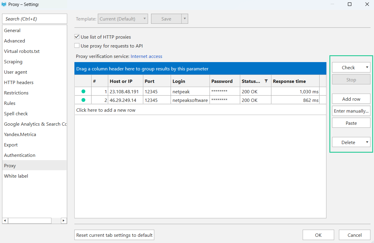 Netpeak Spider proxy settings with a list of checked proxies and the Check button column on the right.