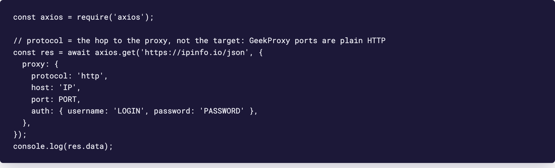 Редактор: запрос axios с объектом proxy, protocol http и логином-паролем Basic