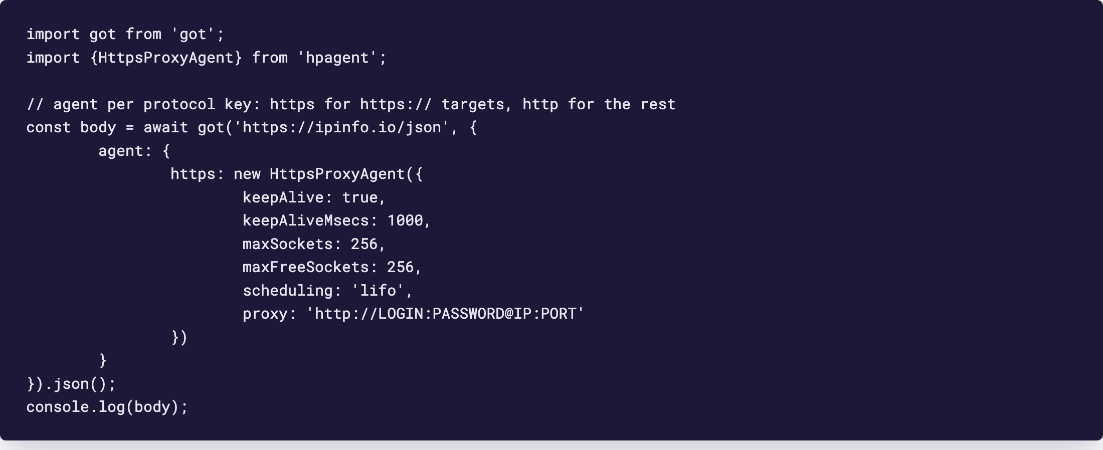Редактор: запрос got с HttpsProxyAgent из hpagent, указывающим на URL GeekProxy