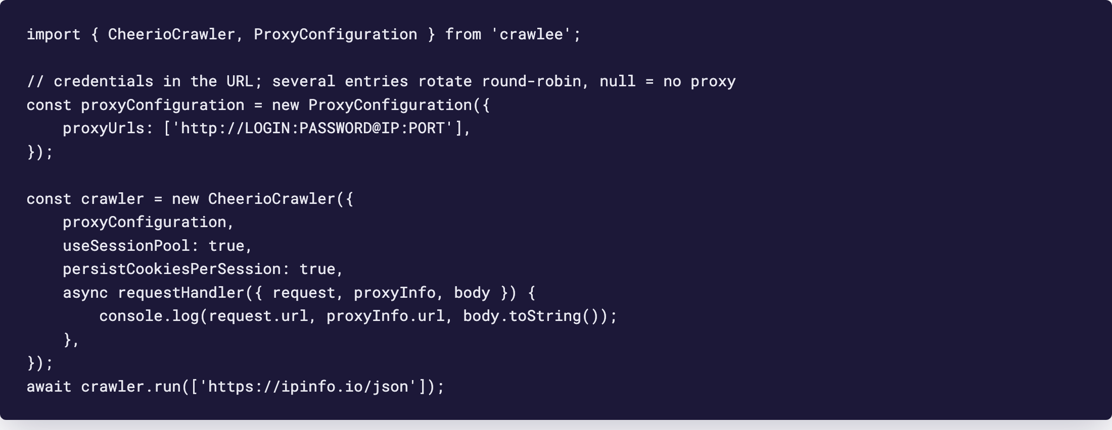 Редактор: Crawlee ProxyConfiguration с URL GeekProxy и CheerioCrawler с пулом сессий