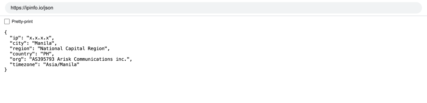 Browser tab with ipinfo.io/json open: the ip, city, country and org fields describe the proxy exit