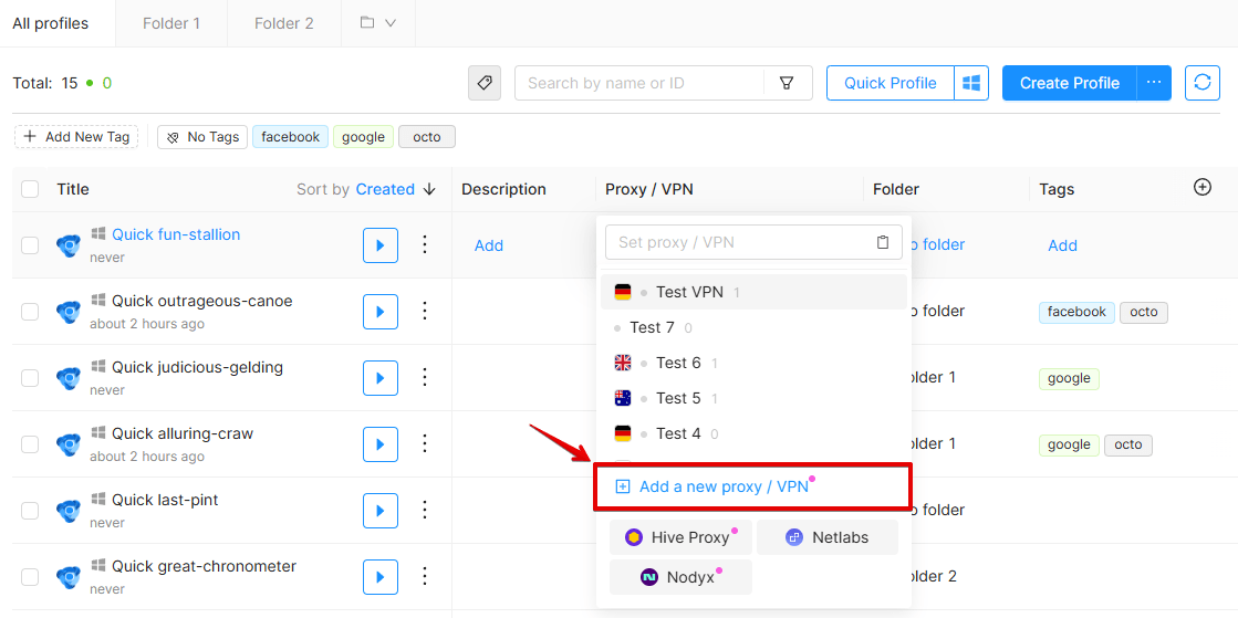 Octo Browser profile list with the Proxy / VPN dropdown open, listing saved proxies and the Add a new proxy / VPN entry