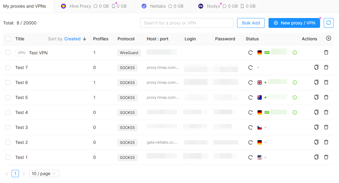 Octo Browser Proxy Manager window My proxies and VPN with the proxy counter and the list