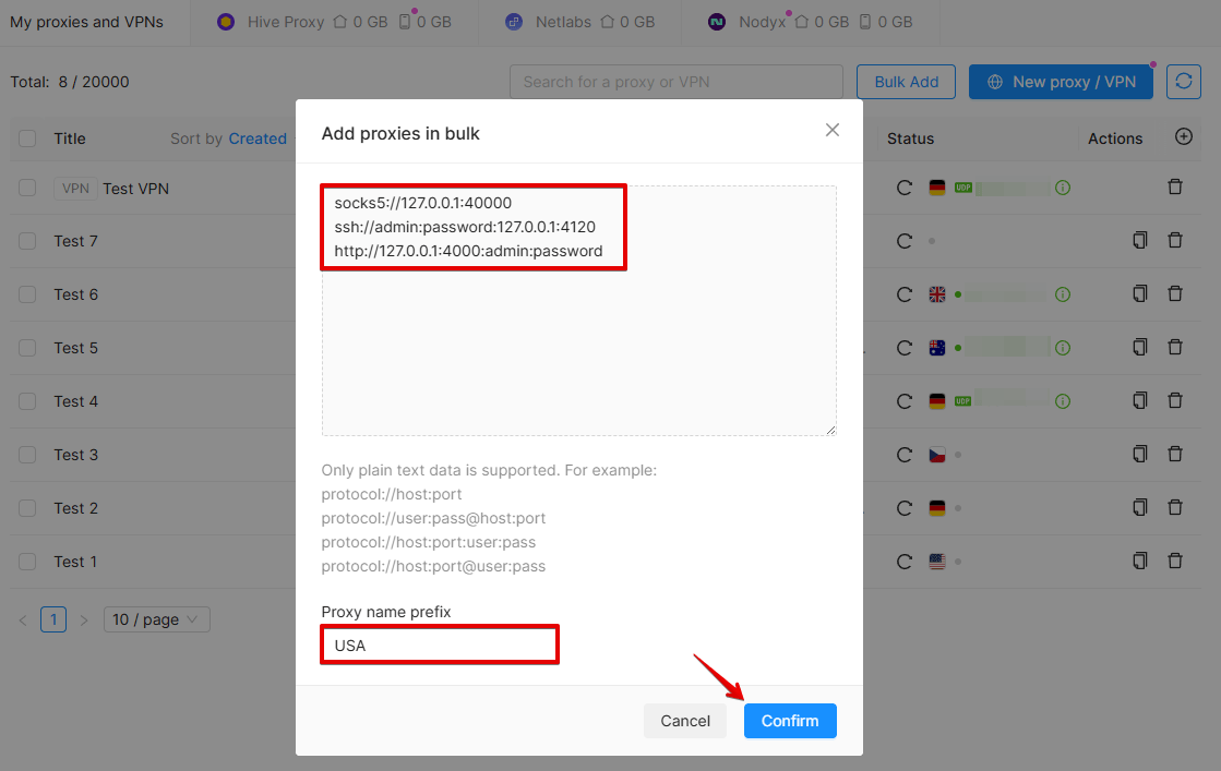 Octo Browser Bulk Add window with several proxy lines pasted and the name prefix field