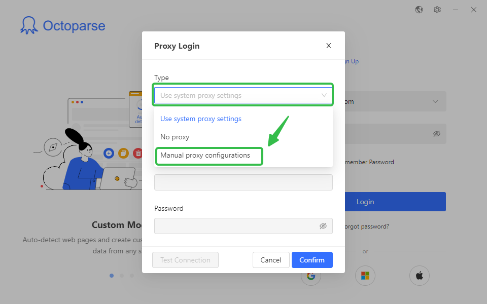 Окно Proxy Login на экране входа Octoparse, список Type раскрыт, выделен пункт Manual proxy configurations.