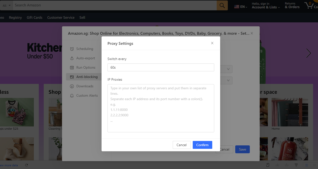 Окно Proxy Settings в Octoparse, интервал Switch every 60s и поле IP Proxies для списка прокси по одному на строку.