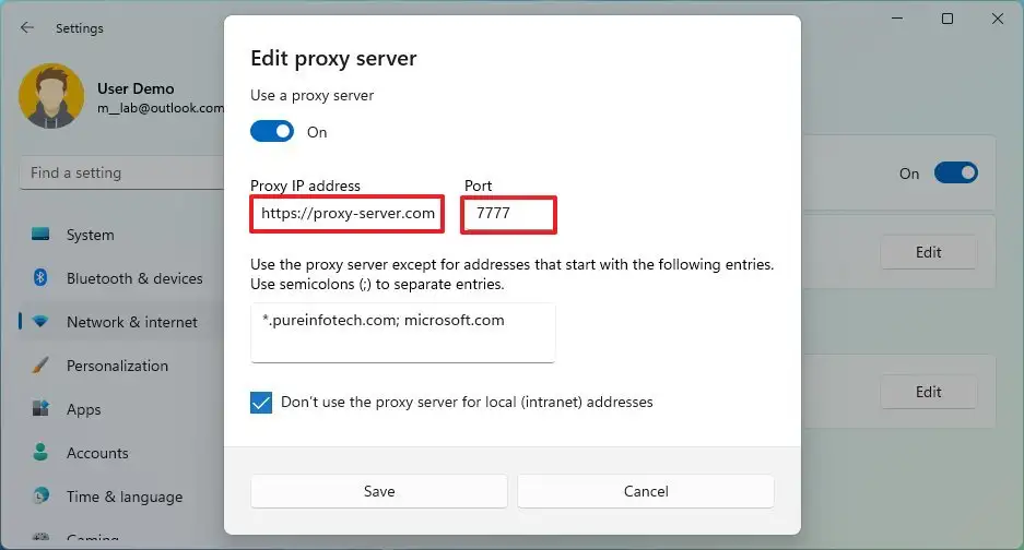 Windows 11 Edit proxy server dialog with the proxy switched on, address and port filled in and the local addresses checkbox ticked.