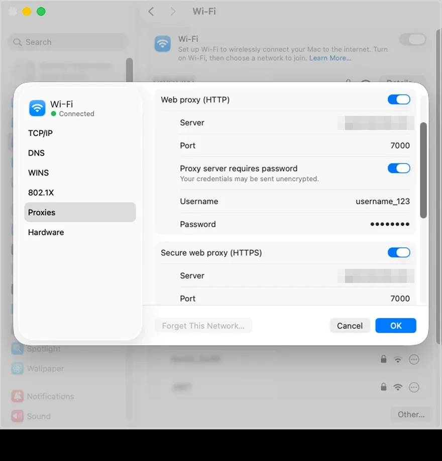 macOS Network details sheet on the Proxies tab with HTTP and HTTPS proxies switched on and server, port, username and password filled in.
