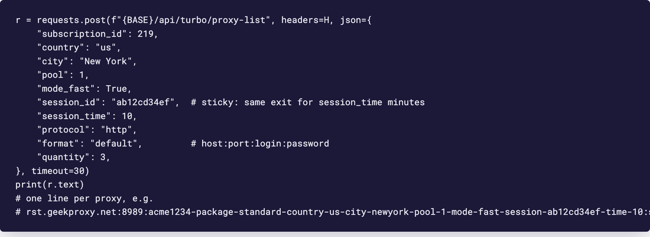 Редактор: вызов эндпоинта proxy-list Turbo на Python со sticky-сессией и форматом default