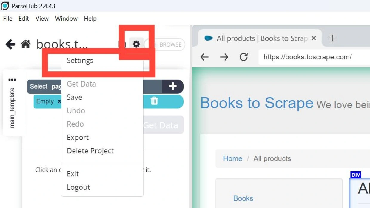 ParseHub project view with the gear menu open and the Settings item highlighted at the top of the list.