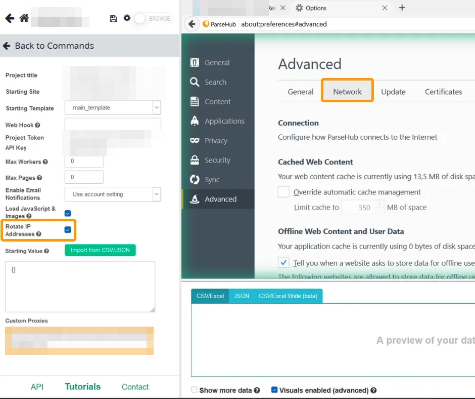 ParseHub project settings with Rotate IP Addresses ticked and a proxy in ip:port:user:pass form in the Custom Proxies field.