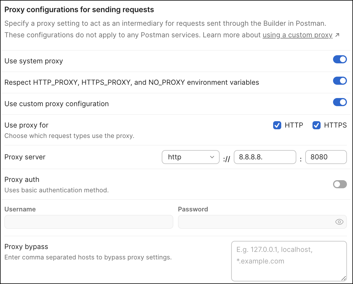 Postman proxy settings with the custom proxy configuration turned on, HTTP and HTTPS selected, a proxy host and port filled in and the proxy auth and bypass fields below.