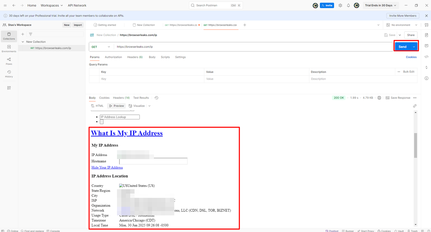 Postman request tab with a GET request to an IP check page, status 200 OK and the response showing the proxy IP, country, city and ISP.