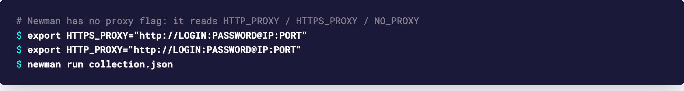 Terminal: HTTPS_PROXY and HTTP_PROXY exported with the GeekProxy URL, then newman run collection.json