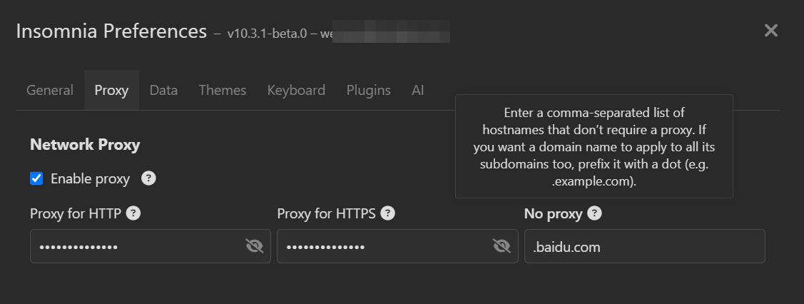 Insomnia Preferences on the Proxy tab with Enable proxy ticked, masked Proxy for HTTP and Proxy for HTTPS fields and the No proxy list.
